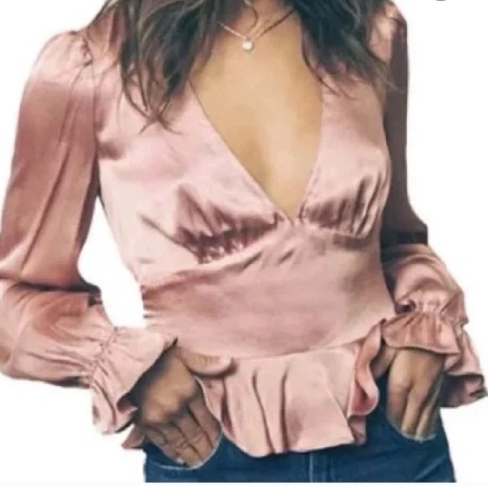 Saylor Satin Salmon V-Neck Pink Peplum Blouse
